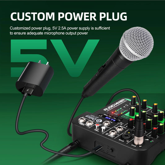 Debra 4 Channels Audio Mixer UHF Wireless Microphone Audio Interface Mixing Console Bluetooth Record PC Delay Repaeat Effect