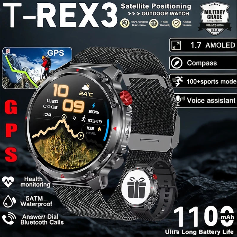 T-Rex 3 Pro Military Grade AGPS Smart Watch 5ATM Waterproof Dual-band GNSS Compass Altimeter AMOLED Swim Sports Smart Watch Men