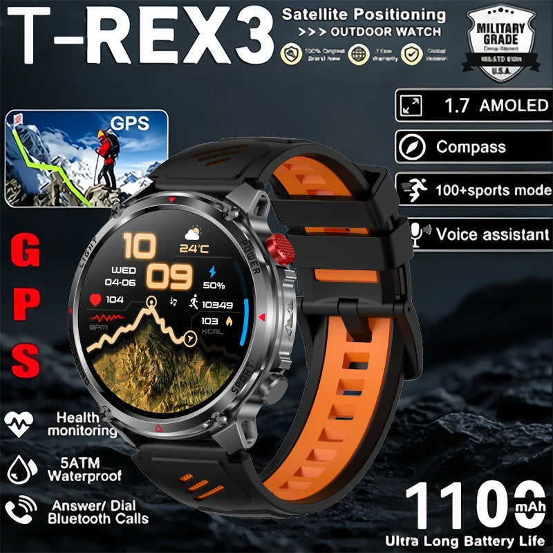 2026 New Military Outdoor Smart Watch Men GPS Compass Altimeter 5ATM Waterproof 1100mAh Battery Bluetooth Call Tactical Sports