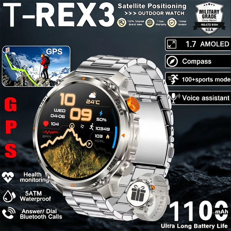 T-Rex 3 Pro Military Grade AGPS Smart Watch 5ATM Waterproof Dual-band GNSS Compass Altimeter AMOLED Swim Sports Smart Watch Men