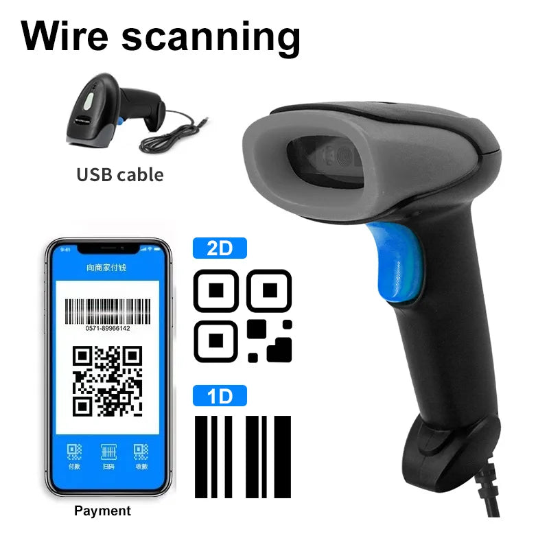 1D/2D Barcode Reader USB Wired/Wireless 2.4G Bluetooth Handheld Bar Code QR Code Scanner CMOS Image High-speed Decoding U20