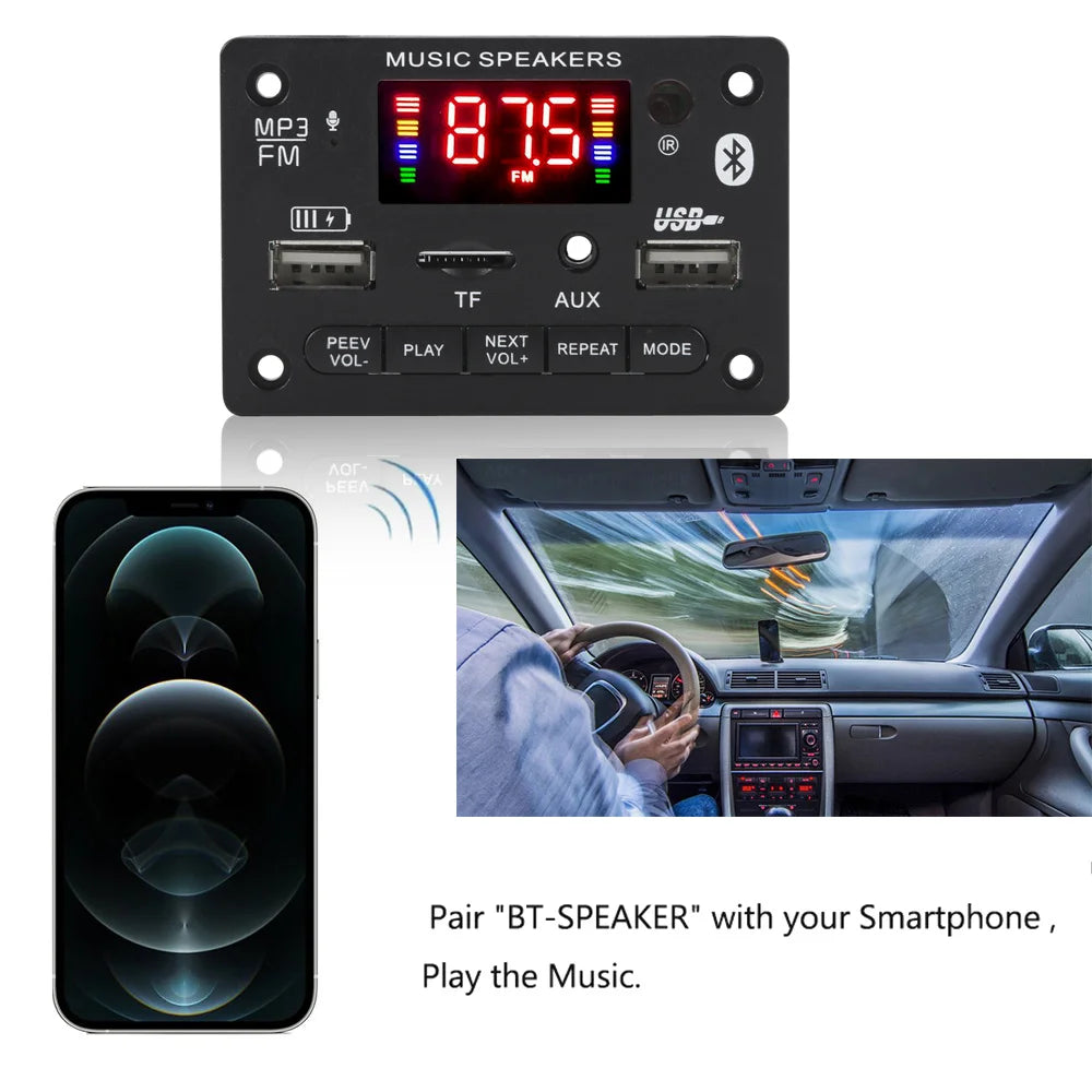 12V MP3 Decoder Board Module Bluetooth 5.0 Car USB MP3 Player TF Card Slot USB FM with Microphone Handsfree