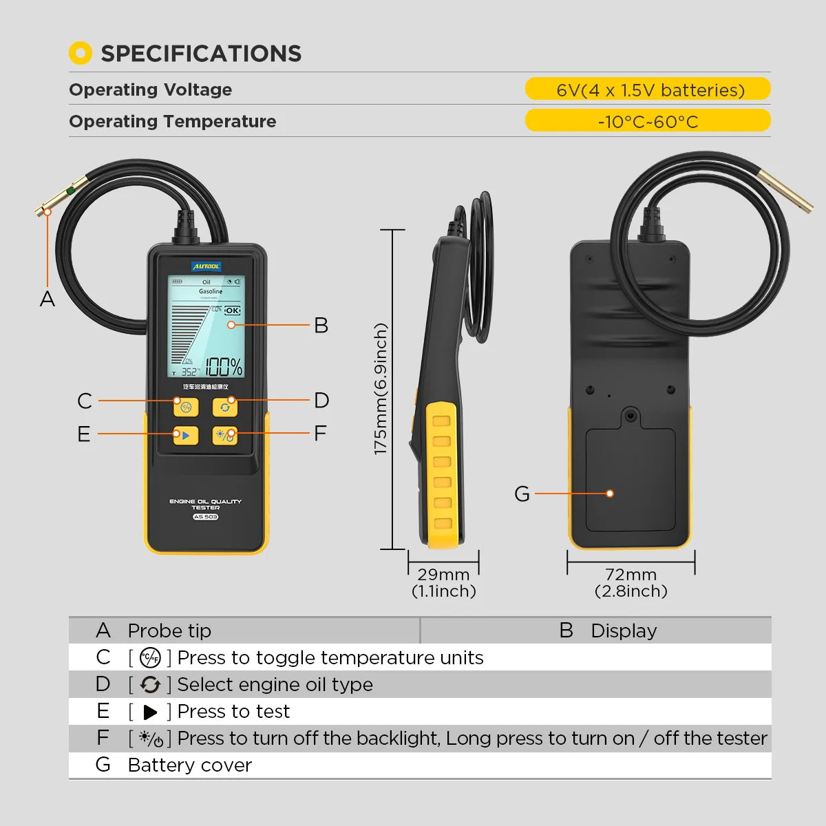AUTOOL AS503 Engine Oil Tester with Digital Display for Auto Check Gasolin e & Diesel Car Engine POA Oil Quality Repair Tools