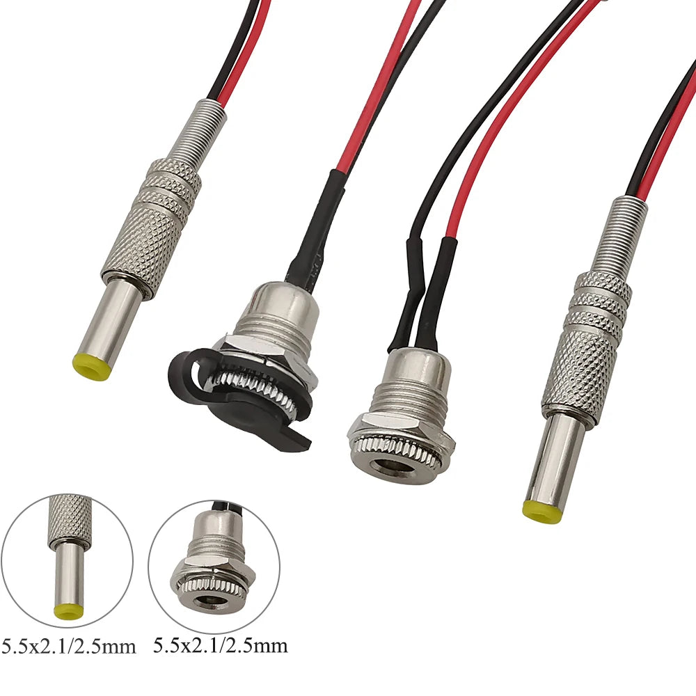 2/5Pcs 5.5mmx2.1mm 5.5mmx2.5mm DC Power Male Plug&Female Socket Panel Mount Connector Adapter With 20AWG Cable Wires 10/15/20cm
