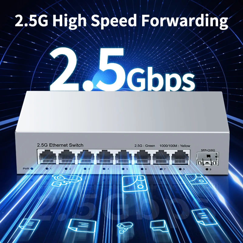 HORACO 2.5GbE Unmanaged Ethernet Switch 8 Port 2.5GBASE-T Network Switch with 10G SFP+ Port Plug and Play Fanless Homelab Switch