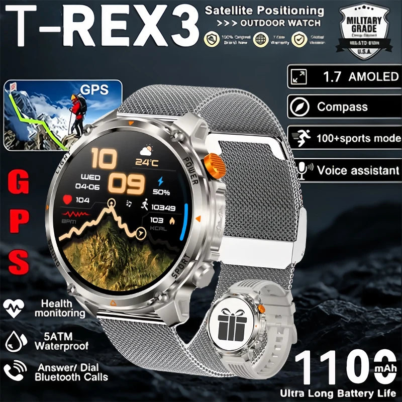 T-Rex 3 Pro Military Grade AGPS Smart Watch 5ATM Waterproof Dual-band GNSS Compass Altimeter AMOLED Swim Sports Smart Watch Men