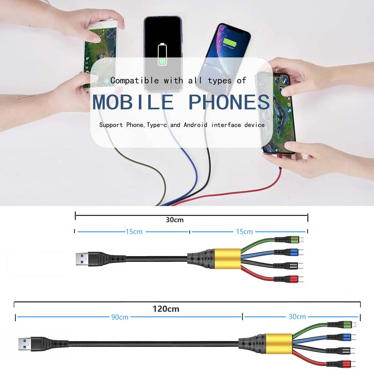 4 in 1 USB Type C Cable for iPhone 14 Pro Max 3 in 1 USB Charging Cable 2 in 1 Micro Cable for Samsung Xiaomi Huawei & More