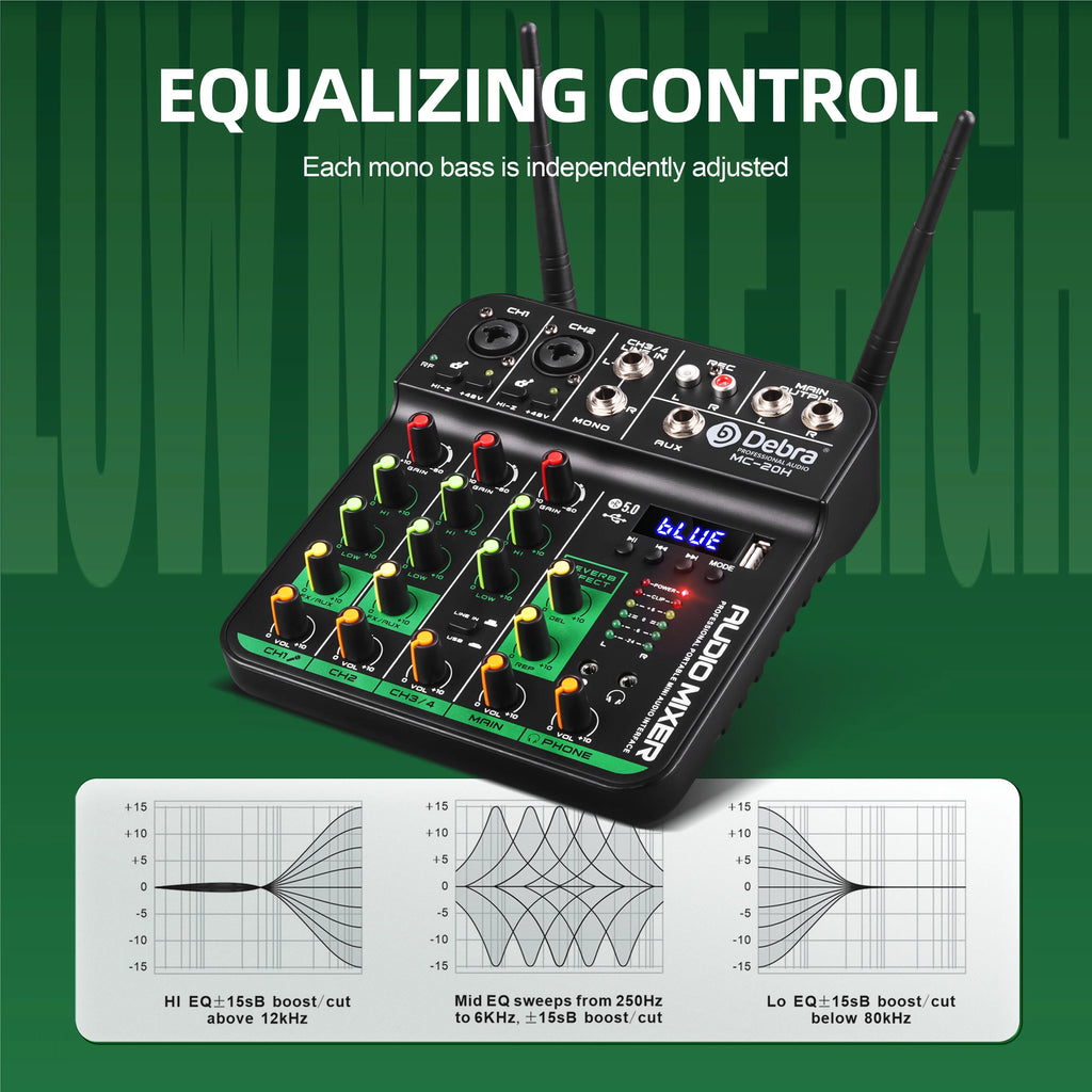 Debra 4 Channels Audio Mixer UHF Wireless Microphone Audio Interface Mixing Console Bluetooth Record PC  Delay Repaeat Effect