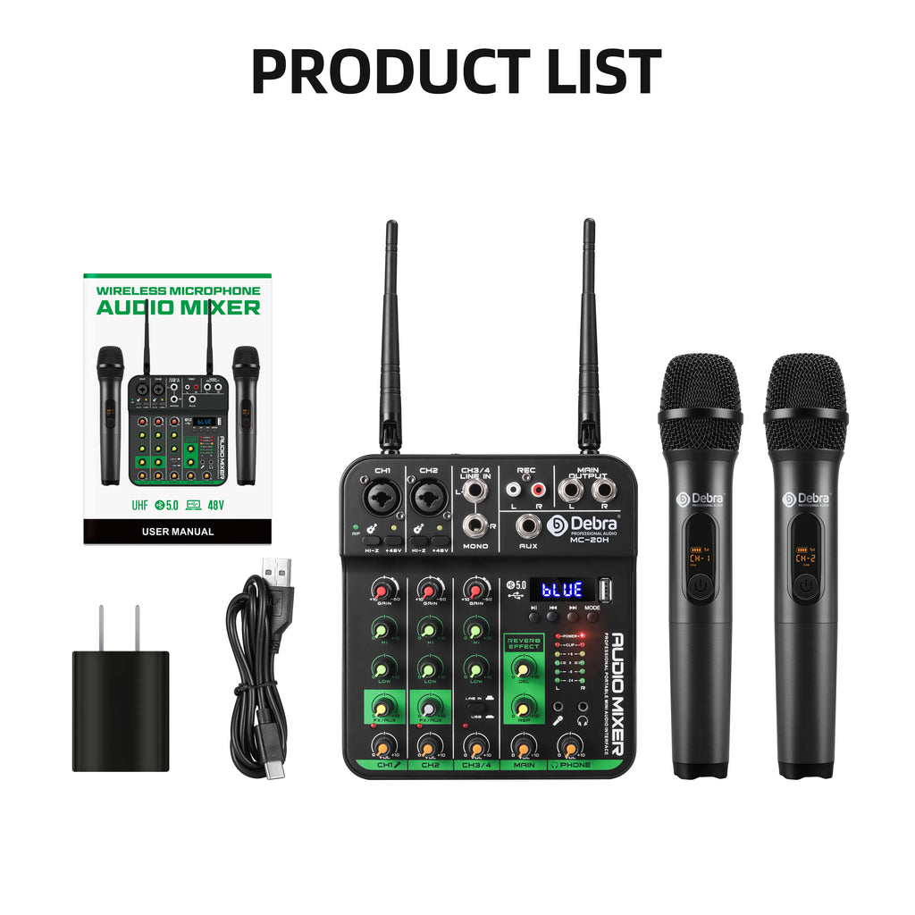 Debra 4 Channels Audio Mixer UHF Wireless Microphone Audio Interface Mixing Console Bluetooth Record PC  Delay Repaeat Effect