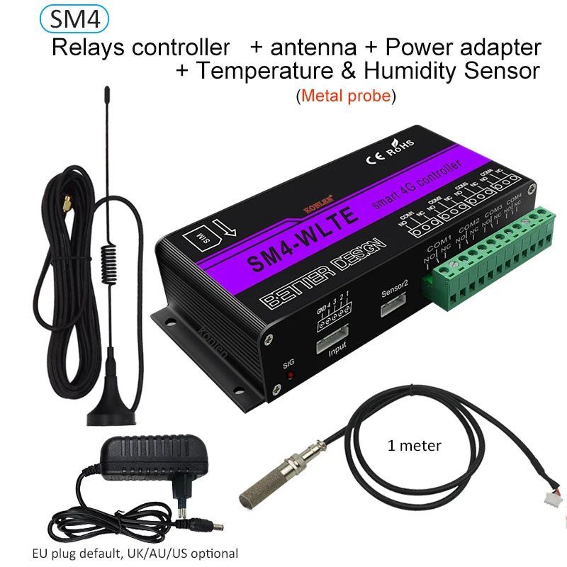 4G LTE SM4 GSM Relay Controller SMS Temperature Humidity Sensor Remote Control Smart Switch Automation for Gate Home Appliance