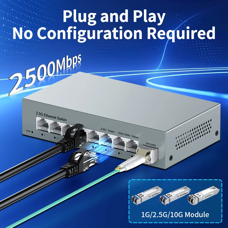 HORACO 2.5GbE Unmanaged Ethernet Switch 8 Port 2.5GBASE-T Network Switch with 10G SFP+ Port Plug and Play Fanless Homelab Switch
