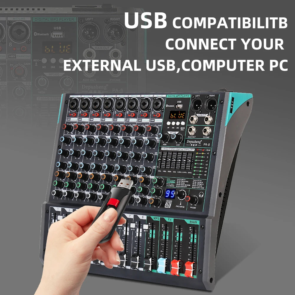 Professional Audio Mixer Depusheng PA8 8 Channel Sound Board Console DJ Mixing Desk System Interface Built-in 99 Reverb Effect