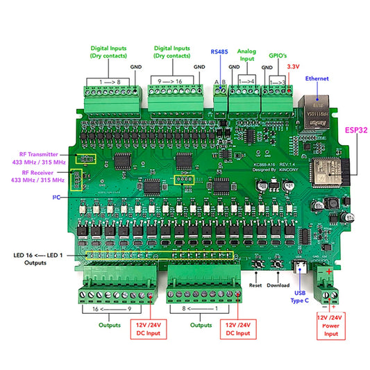 A16 ESP32 ESPHome Relay Baord Support Ethernet WiFi I2C RF 433Mhz RS485 Temperature Humidity Tasmota Arduino IDE Tuya MQTT IFTTT