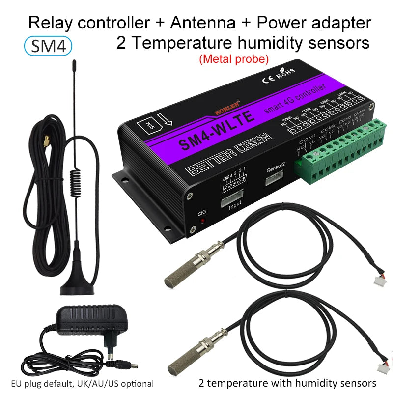 4G LTE SM4 GSM Relay Controller SMS Temperature Humidity Sensor Remote Control Smart Switch Automation for Gate Home Appliance