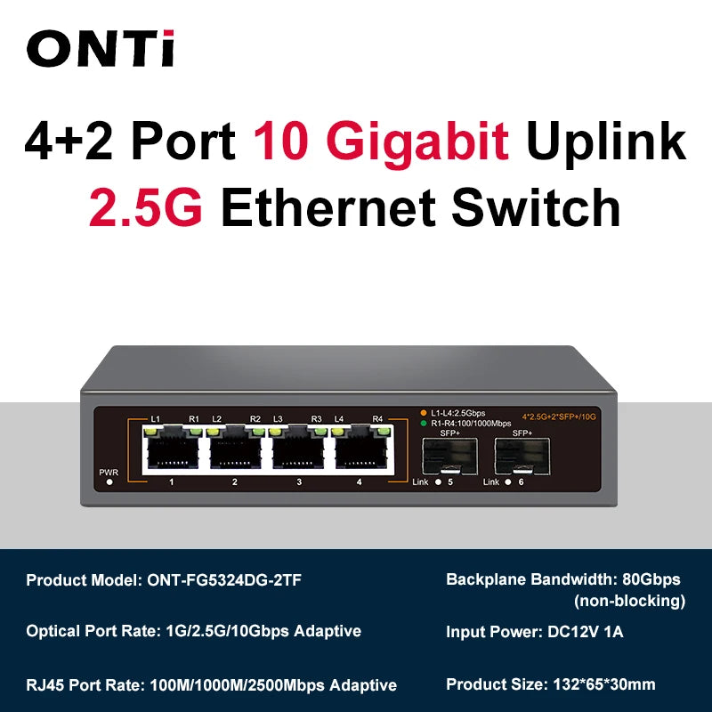 ONTi 2.5GbE Switch 2.5GBASE-T 4 Port 2.5G RJ45 with 2 Port 10G SFP+ Fanless Plug and Play Network Switch Desktop Wall Mounted