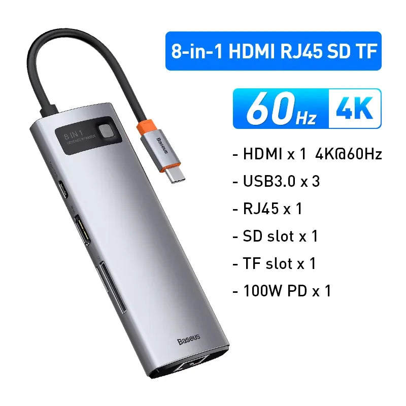 Baseus 4K 60Hz USB C Hub Type C to Ethernet Port PD 100W Adapter for Macbook Pro USB 3.0 Hub Laptop Tablet Accessories