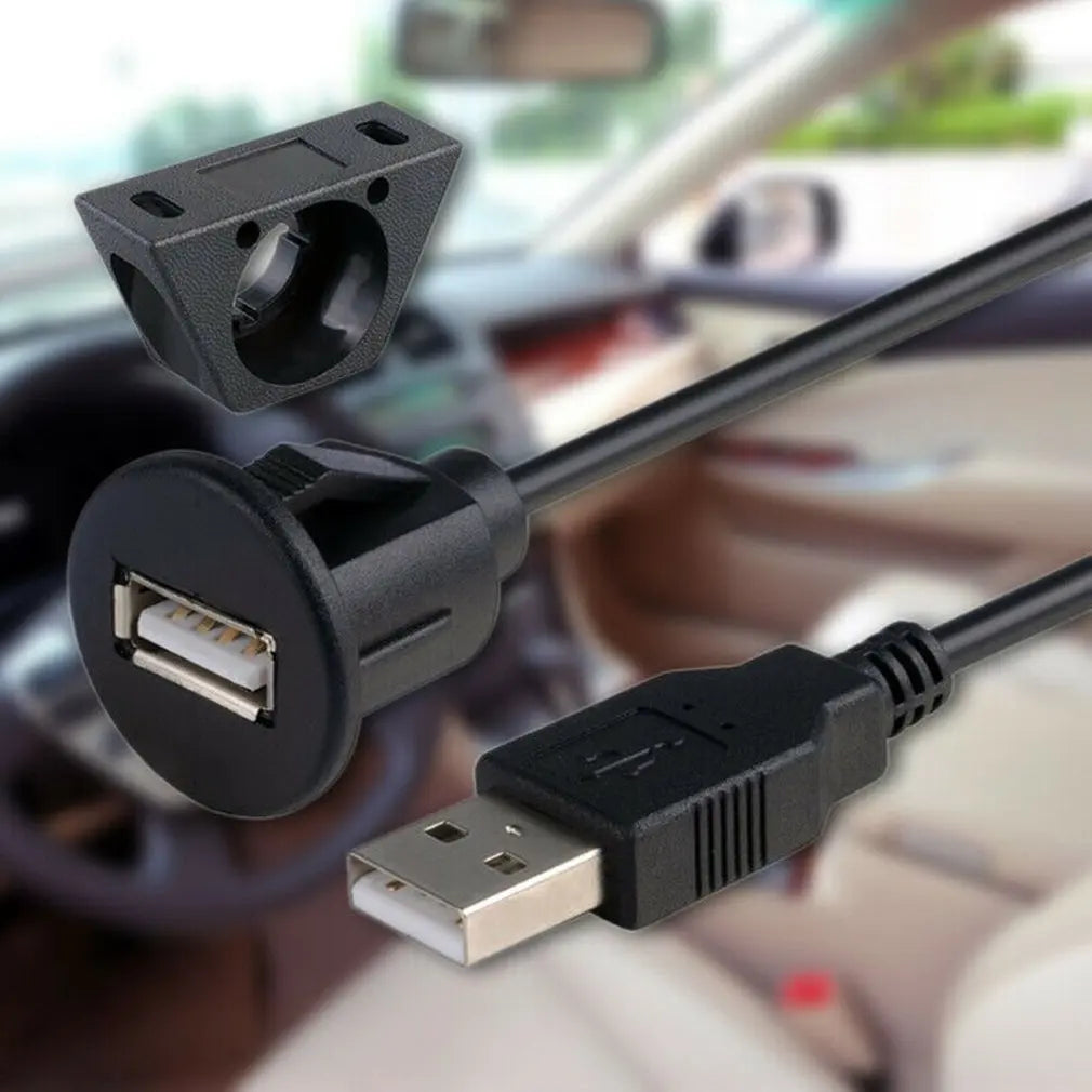 1m 2m USB 2.0 A Male To Female Flush Panel Mount Data Extension Cable with Buckle for Auto Car Truck Boat Motorcycle Dashboard