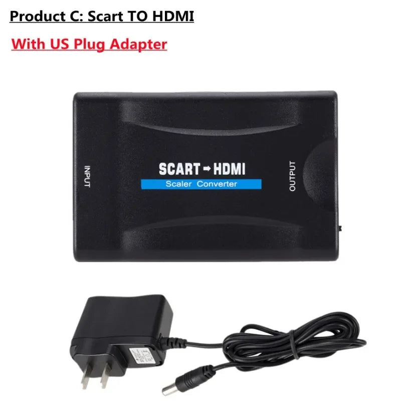 MnnWuu 1080P SCART To HDMI-compatible Video Audio Upscale Converter Adapter for HD TV DVD for Sky Box STB Plug and Play DC Cable