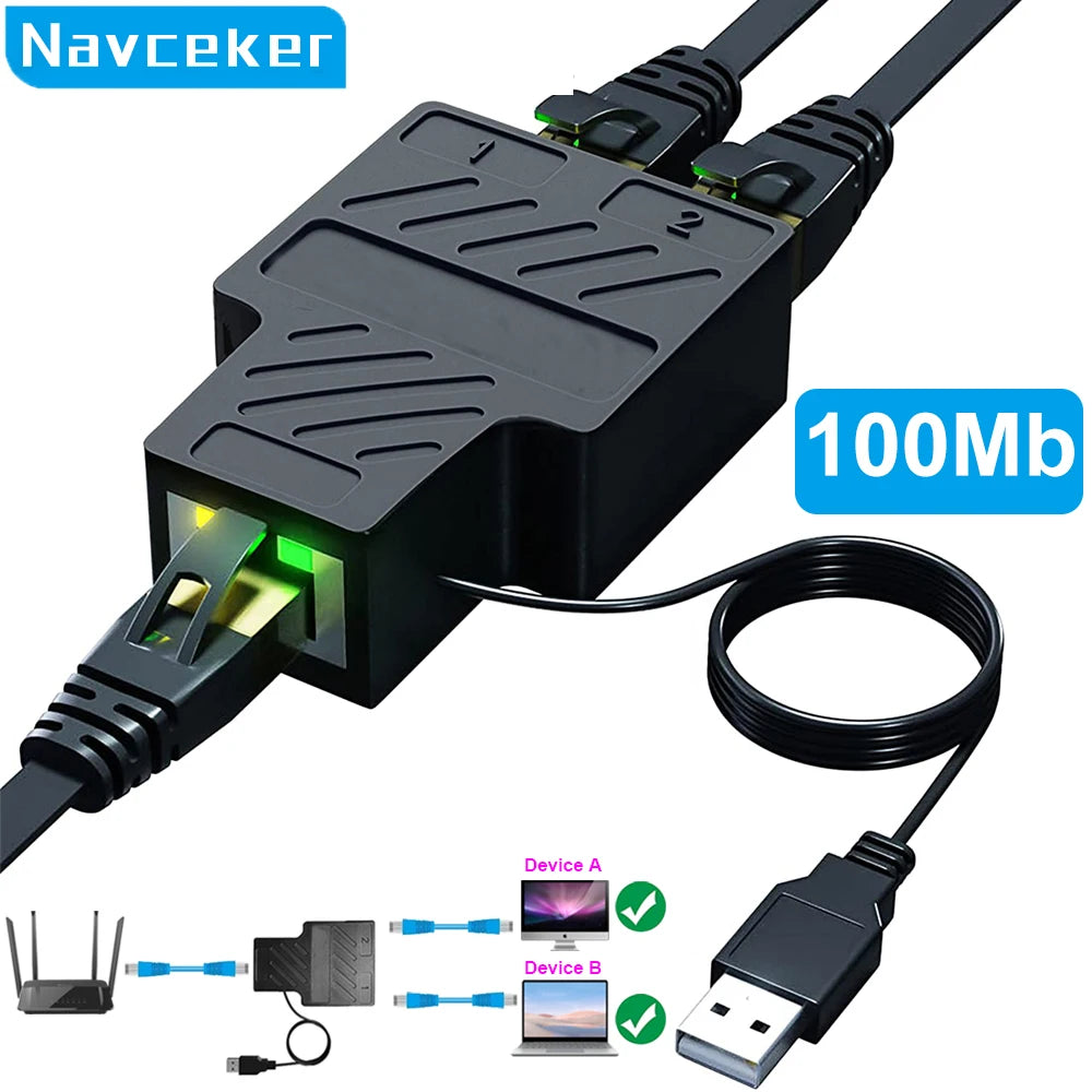 Navceker 1 Gb RJ45 Splitter Connector Adapter 1 to 2 Ways Lan Ethernet Splitter Gigabit Coupler  Connect Laptop Network Cable
