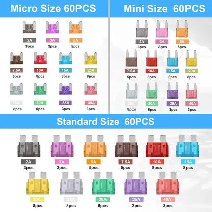 180Pcs Car Fuses Assorted Kit, 60 Mini Blade Car Fuse +60 Standard Fuse Automotive +60 Micro Fuse + Fuse Puller
