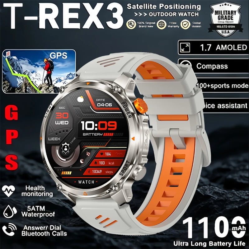 T-Rex 3 Pro Military Grade AGPS Smart Watch 5ATM Waterproof Dual-band GNSS Compass Altimeter AMOLED Swim Sports Smart Watch Men