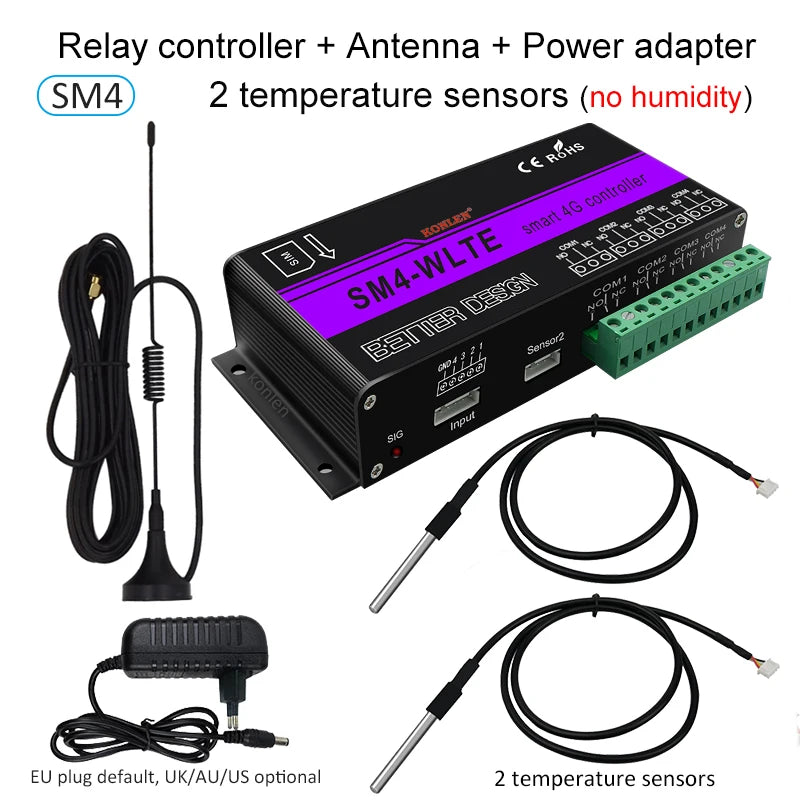 4G LTE SM4 GSM Relay Controller SMS Temperature Humidity Sensor Remote Control Smart Switch Automation for Gate Home Appliance