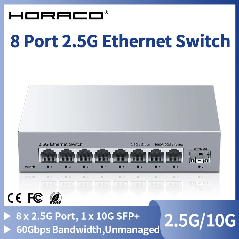 HORACO 2.5GbE Unmanaged Ethernet Switch 8 Port 2.5GBASE-T Network Switch with 10G SFP+ Port Plug and Play Fanless Homelab Switch