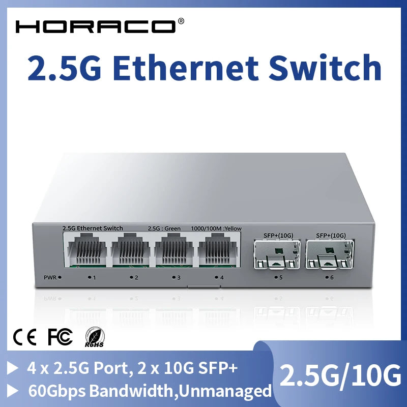 HORACO 2.5GbE Switch 2.5GBASE-T 4 Port 2.5G RJ45 with 2 Port 10G SFP+ Fanless Plug and Play Network Switch Desktop Wall Mounted