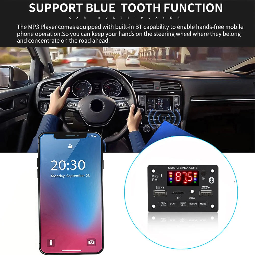12V MP3 Decoder Board Module Bluetooth 5.0 Car USB MP3 Player TF Card Slot USB FM with Microphone Handsfree