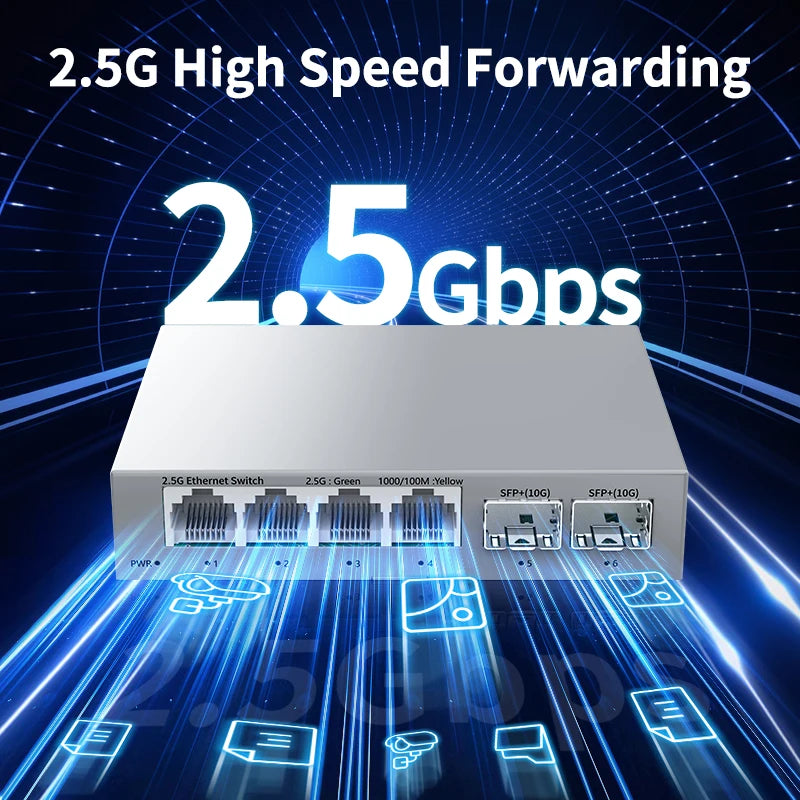 HORACO 2.5GbE Switch 2.5GBASE-T 4 Port 2.5G RJ45 with 2 Port 10G SFP+ Fanless Plug and Play Network Switch Desktop Wall Mounted