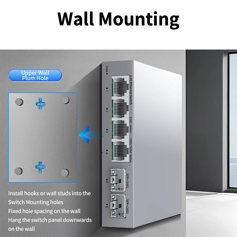 HORACO 2.5GbE Switch 2.5GBASE-T 4 Port 2.5G RJ45 with 2 Port 10G SFP+ Fanless Plug and Play Network Switch Desktop Wall Mounted