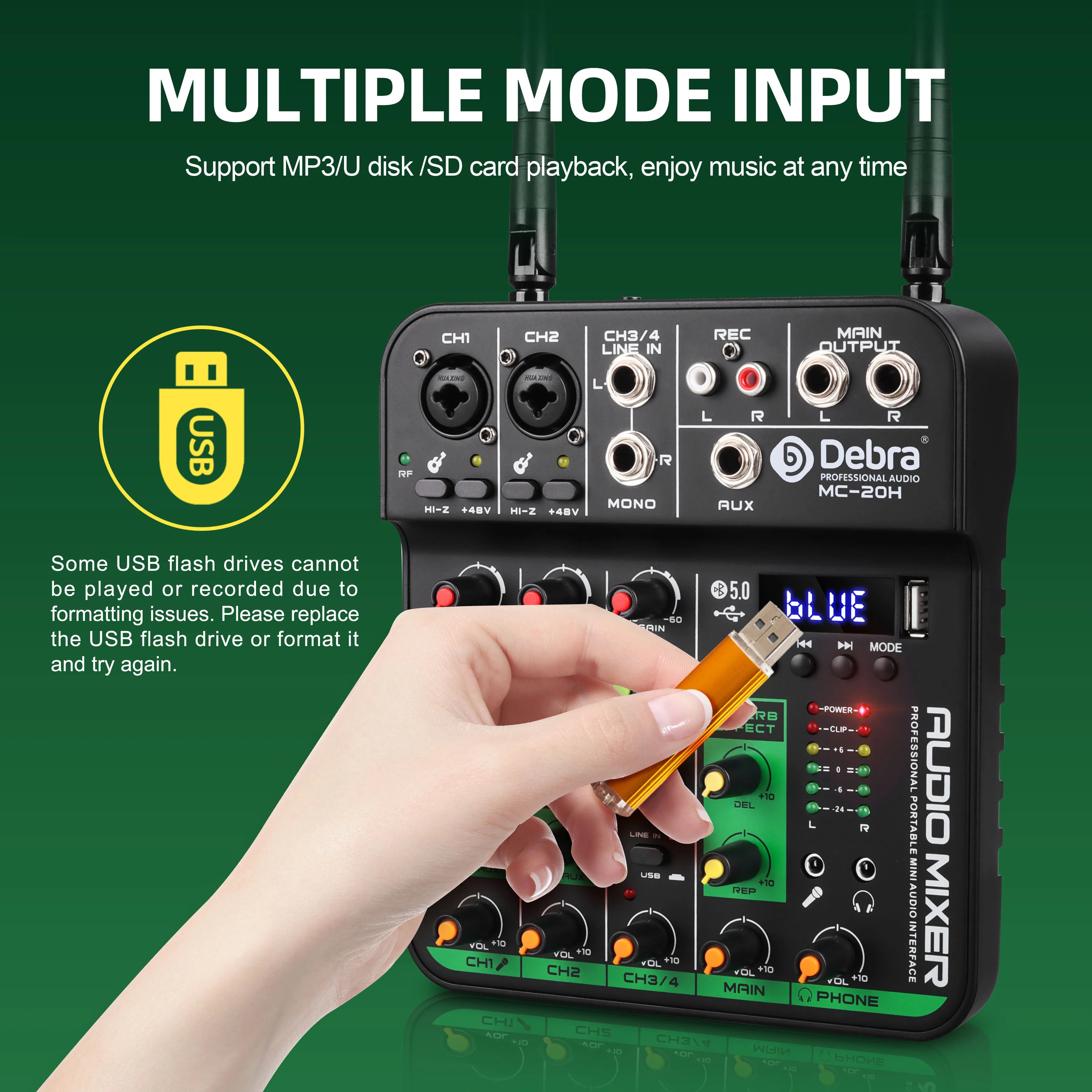 Debra 4 Channels Audio Mixer UHF Wireless Microphone Audio Interface Mixing Console Bluetooth Record PC  Delay Repaeat Effect