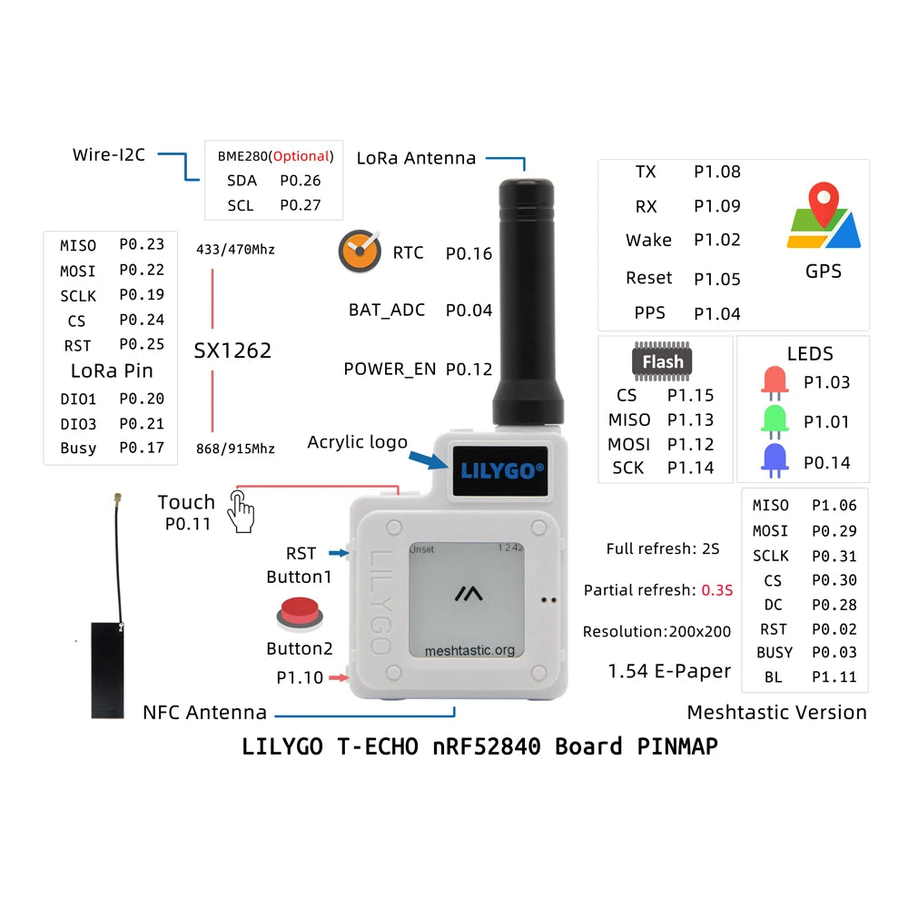 LILYGO® TTGO Meshtastic T-Echo LoRa SX1262 Wireless Module 433/868/915MHz NRF52840 1.54 E-Paper GPS RTC NFC BME280 for Arduino