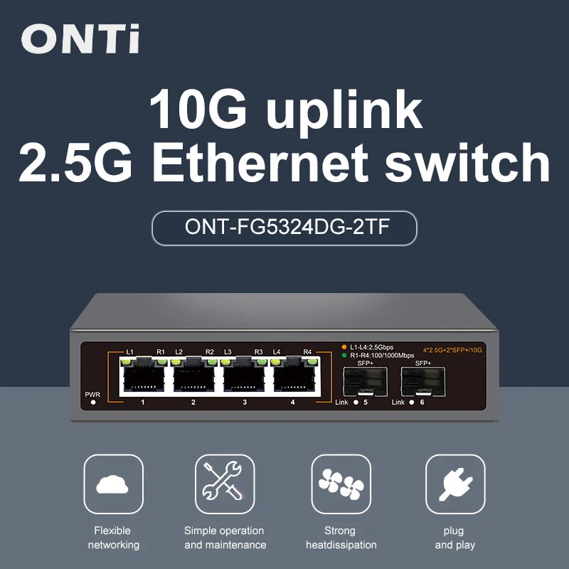 ONTi 2.5GbE Switch 2.5GBASE-T 4 Port 2.5G RJ45 with 2 Port 10G SFP+ Fanless Plug and Play Network Switch Desktop Wall Mounted