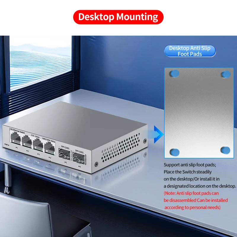 HORACO 2.5GbE Switch 2.5GBASE-T 4 Port 2.5G RJ45 with 2 Port 10G SFP+ Fanless Plug and Play Network Switch Desktop Wall Mounted
