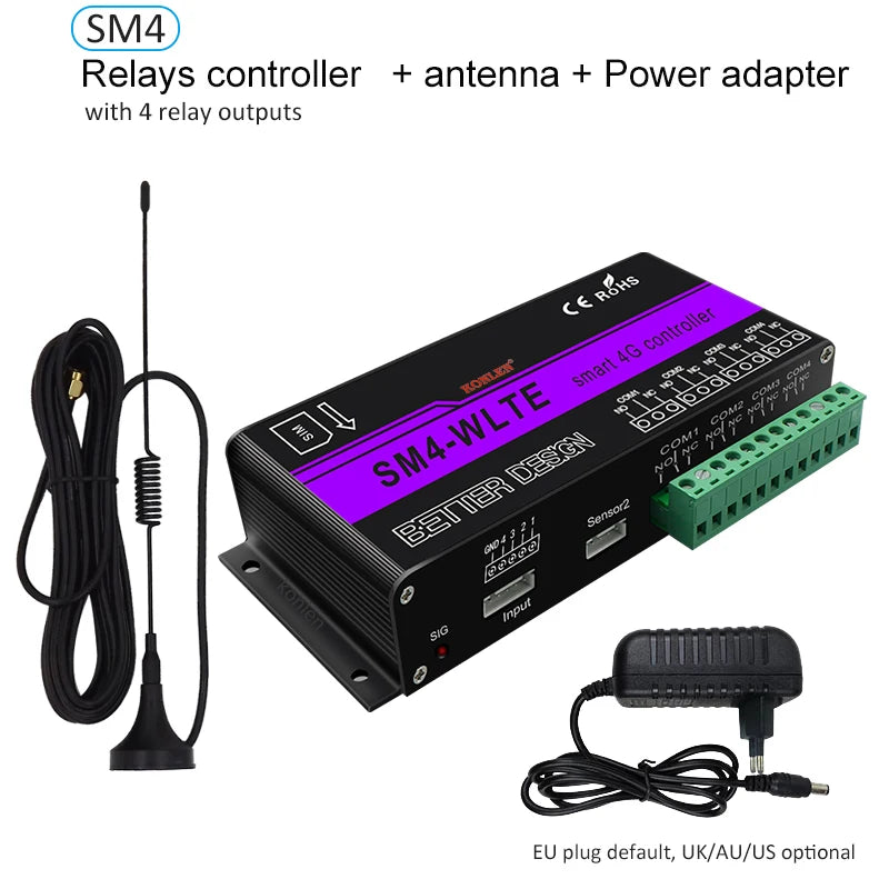 4G LTE SM4 GSM Relay Controller SMS Temperature Humidity Sensor Remote Control Smart Switch Automation for Gate Home Appliance
