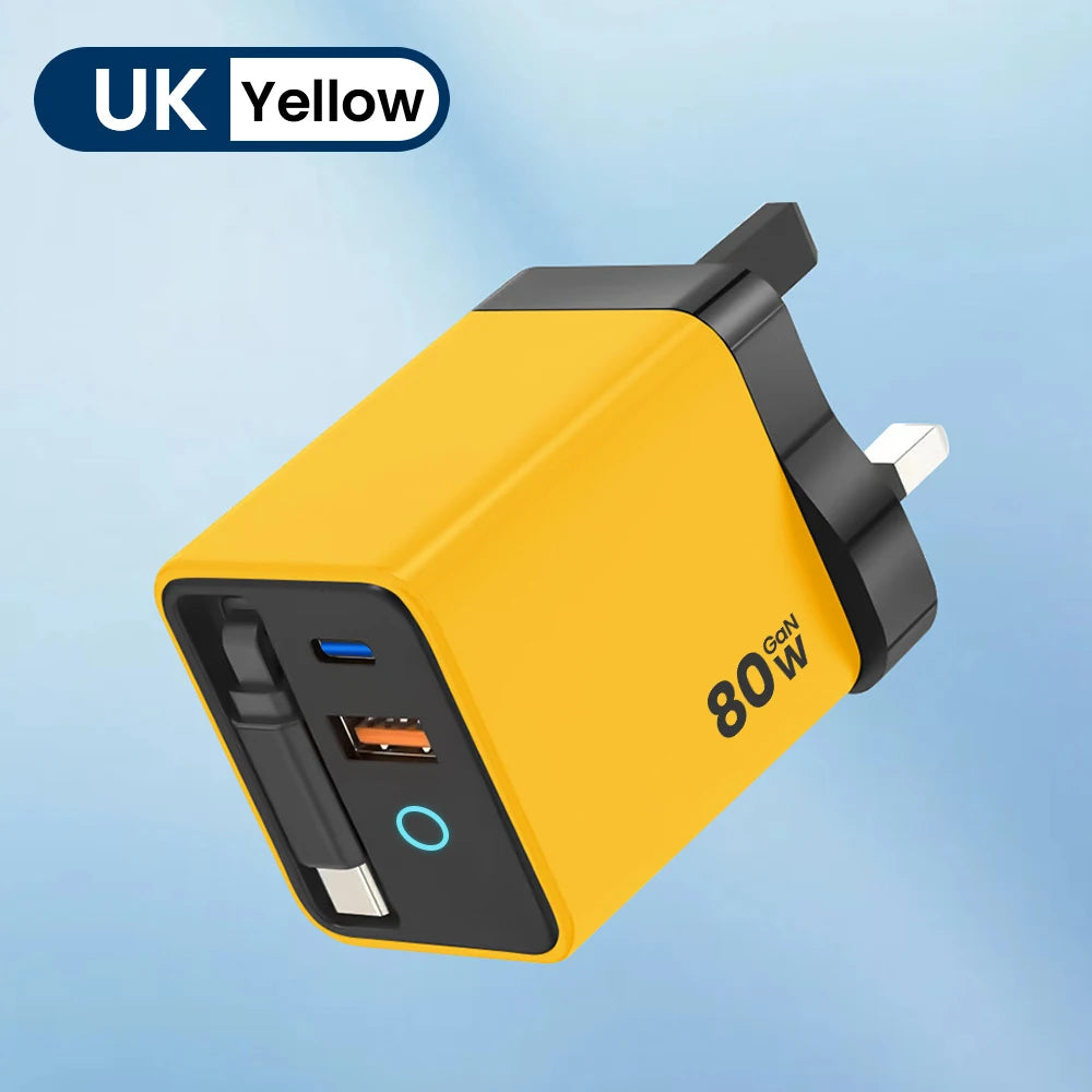 80W Super Fast Charge Type C USB Phone Charger With Telescopic USB C Cable For Iphone 16 15 Samsung Laptop With Light