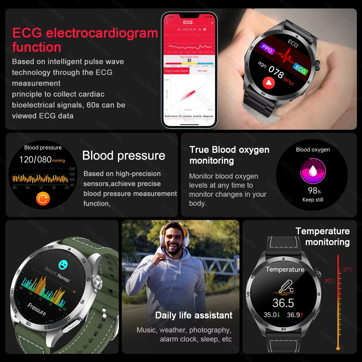 2025New Micro Physical Examination Blood Lipids Uric Acid Blood Pressure Smart Watch ECG+PPG Clock Bluetooth Call Smartwatch Men