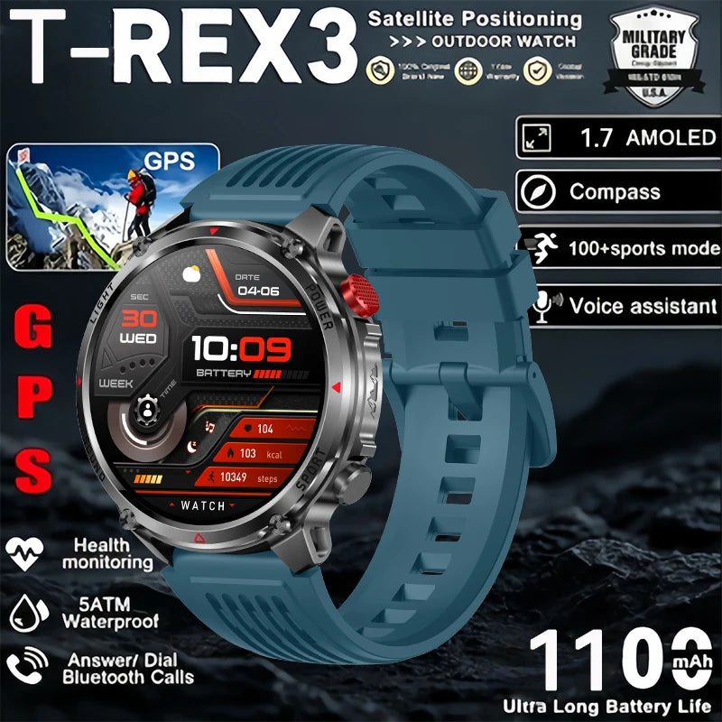 T-Rex 3 Pro Military Grade AGPS Smart Watch 5ATM Waterproof Dual-band GNSS Compass Altimeter AMOLED Swim Sports Smart Watch Men