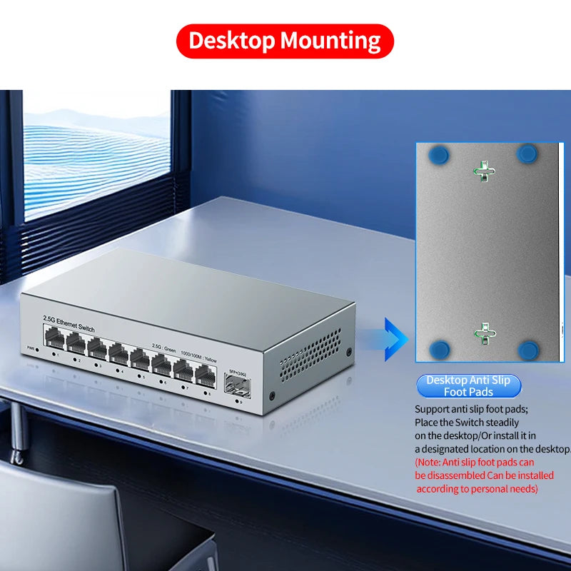 HORACO 2.5GbE Unmanaged Ethernet Switch 8 Port 2.5GBASE-T Network Switch with 10G SFP+ Port Plug and Play Fanless Homelab Switch
