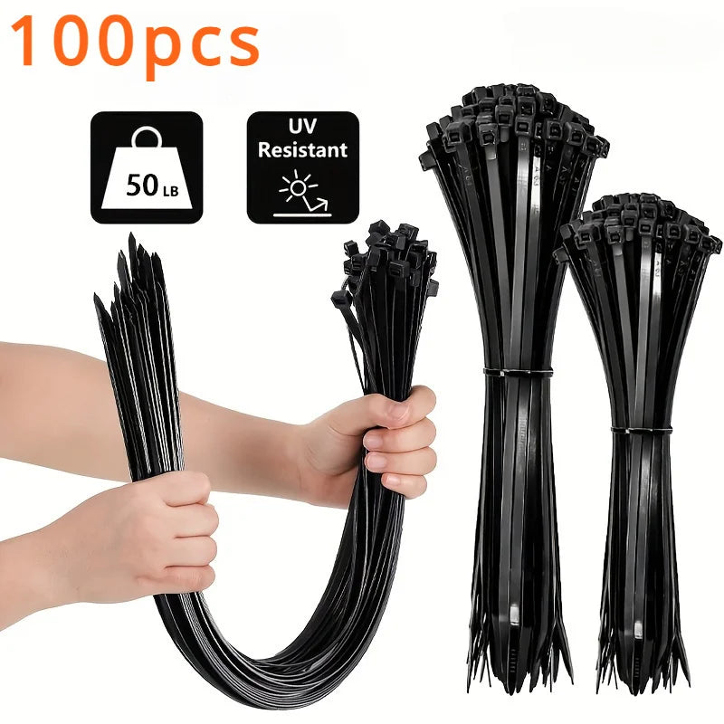 100pcs Black Cable Ties High Tensile Strength, Uv Resistant, Self-Locking For Home & Office Cord Management