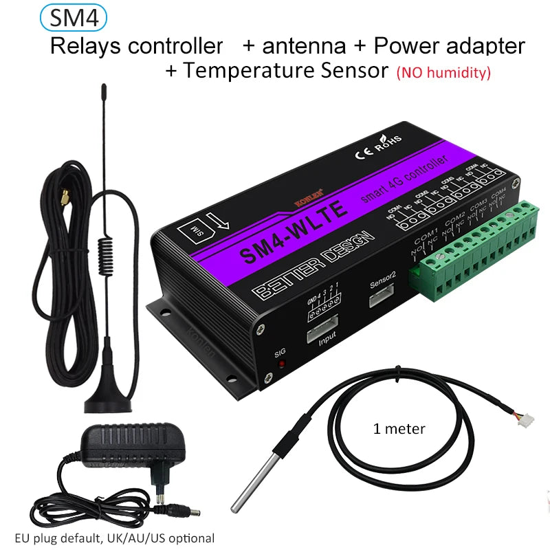 4G LTE SM4 GSM Relay Controller SMS Temperature Humidity Sensor Remote Control Smart Switch Automation for Gate Home Appliance